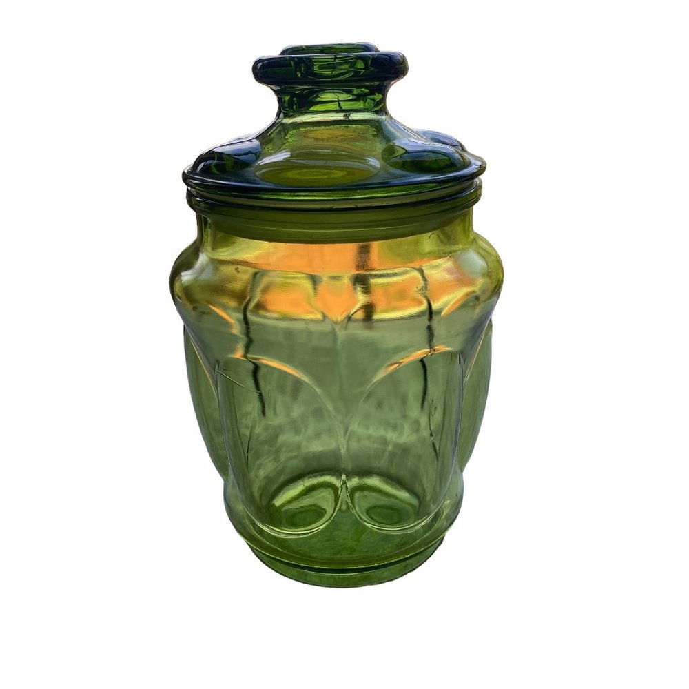 Vintage L.E. Smith Green Pressed Glass Lidded Canister Bubble Apothecary Jar